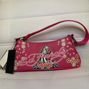 NWT Ed Hardy Y2K Rhinestone pink Floral Panther Mini Shoulder Bag Vintage Goth